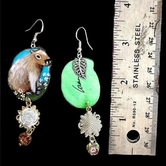 Capybara handpainted earrings w dangle white flower charm OOAK - Picture 6 of 6